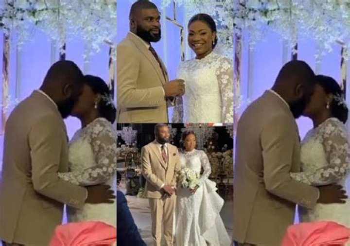 
“Kissing in tongues”- Reactions as Mercy Chinwo and husband kiss amid speaking in tongues during their church wedding 