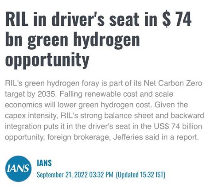 
RIL in driver’s seat in $ 74 bn green hydrogen opportunity 